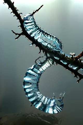A flat caterpillar made of translucent water clings to a water-formed branch, with drops of water highlighting its form in a galvanizing, surreal style inspired by Beksinski and Giger.