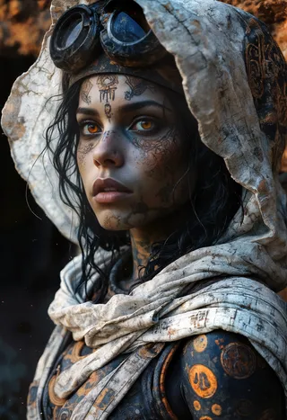 Extreme close-up of a female desert mystic with piercing amber eyes, detailed desert-inspired face tattoos, weathered skin, and a hooded shawl embroidered with ancient symbols.