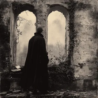 A tall man wearing a black cloak stands facing two large broken windows in a crumbling, ivy-covered ruin, rendered in monochrome with chiaroscuro lighting.