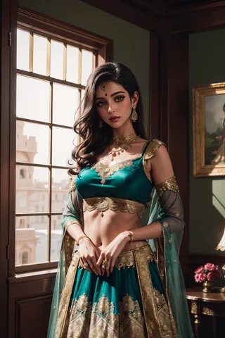 Portrait of Indian princess adorned in emerald green and gold traditional Lehenga with intricate jewelry, standing in a palace interior lit by soft natural light.
