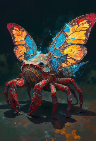 A futuristic hermit crab with vibrant blue and orange butterfly wings and a glowing firefly tail against a dark background, rendered in detailed digital painting style.