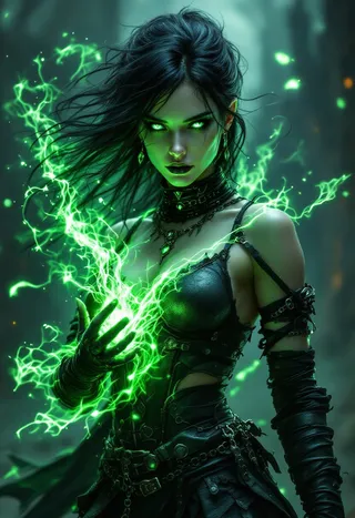 A photorealistic depiction of a dark sorceress with glowing emerald eyes and wind-swept black hair emitting toxic green spectral energy, clad in tattered gothic leather armor with spiked accessories and chains.