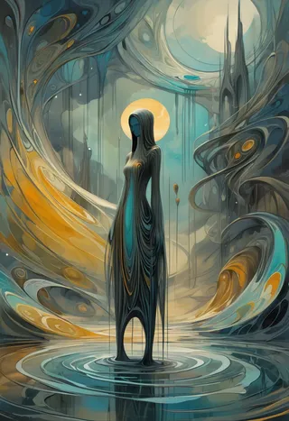 A surreal elongated figure standing in reflective rippling water surrounded by fluid swirling abstract shapes and muted painterly colors with a glowing halo behind the figure's head.