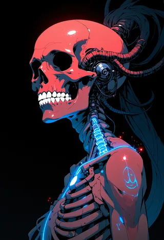 A glowing red skeleton with mechanical parts and cables, featuring a skull with prominent teeth and a blue glowing spine, set against a black background in a science fiction style.