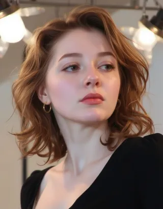 Half body shot of a woman with red hair and gold hoop earrings in a studio, softly lit with studio lights highlighting her elegant pose and relaxed expression.