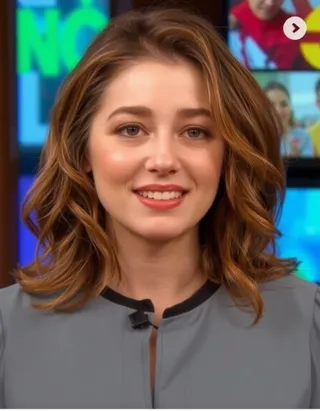 Close-up portrait of a female TV host with a warm smile, wearing professional attire, with a vibrant, colorful broadcast background.