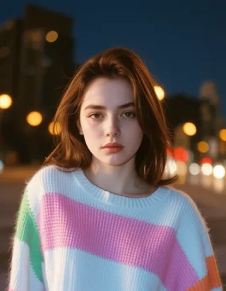 Outdoor portrait of a woman wearing an oversized pastel sweater with pink and green stripes, standing at sunset with bokeh city lights in the background.