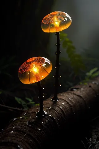 Transparent orange jellyfish-like fungi glowing softly on dark, wet rotten tree trunk in a misty rainforest, captured in sharp macro focus with morning light