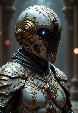 Un gros plan d'un chevalier futuriste portant une armure blanche et dorée ornée de filigranes en or complexes. La visière du casque reflète une galaxie avec des étoiles et des nébuleuses.