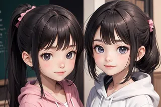 Portrait of two smiling young girls with ponytails wearing hoodies, rendered in high-quality anime style.