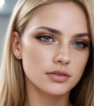 Close up portrait of a beautiful woman with blonde hair, blue eyes, freckles, and detailed eyeshadow, softly lit with rim and two-tone lighting.