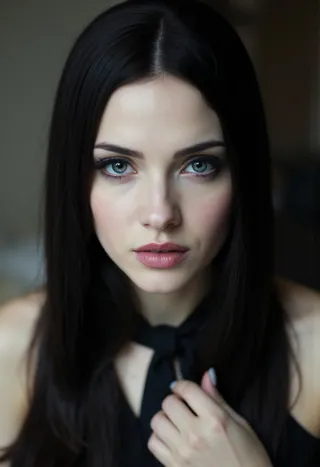 Close-up portrait of a woman with sleek straight hair parted in the middle, bold winged mascara, pale ghostly white skin, wearing a shoulder-less top, looking seductively into the camera.