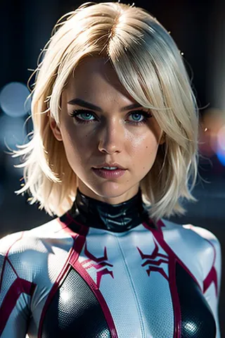 Close-up of Spider-Gwen with a detailed face and blonde hair, posing in sunlight wearing a white, black, and red superhero costume with web patterns.