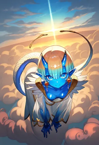 A blue-skinned slime girl with gradient short hair, oni horns, and a dragon tail, adorned in gold-trimmed robes with feather details, floating against a cloudy sunset sky.