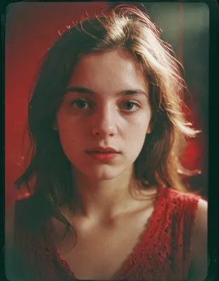 Close-up portrait of a young French woman with soft natural skin texture, red lace clothing, and a red background, featuring vintage film grain, cinematic and dramatic lighting.