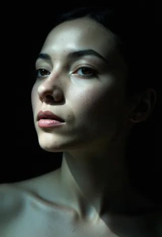 Close-up portrait of a woman with supple skin, detailed skin pores, and goosebumps illuminated by intricate lighting on a dark background.