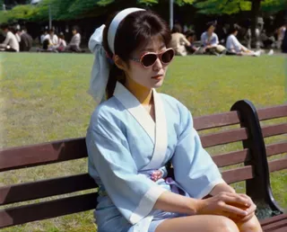 Japanese woman in 1980s traditional outfit wearing sunglasses sitting on a park bench on a sunny summer day, listening to music on a Walkman.