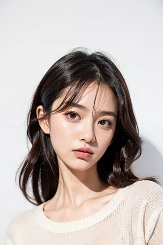 Portrait of a young girl with dark hair wearing a light sweater against a white background, with natural makeup and soft lighting.