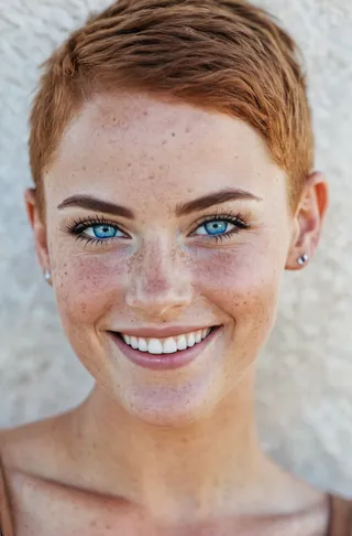 Close-up portrait of a beautiful woman with freckles, striking blue eyes, a big smile, buzzcut hair, and dark makeup, illuminated by soft light.