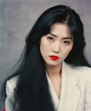 Portrait photograph of a Japanese aristocratic woman with long messy black hair and vivid red lips, wearing a white blazer, looking straight at the viewer with a neutral expression.