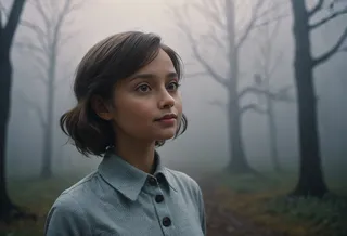 Photorealistic image of a young girl with short brown hair and a light smile, wearing a shirt with a collar, set against a foggy forest background with bare trees and dramatic low key lighting.