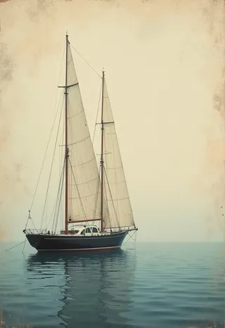 Vintage style sailboat with tall masts and sails, reflecting gently on calm evening waters, featuring minimalistic and delicate textures with craquelure effects.