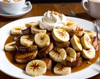 Plate of pan fried sliced bananas topped with a swirl of whipped cream and drizzled with brown sugar sauce in a food photography setup.
