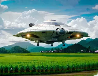 A futuristic massive spaceship hovering above lush green rice fields in a mountainous South East Asian landscape under a blue sky with dramatic volumetric clouds and lighting.