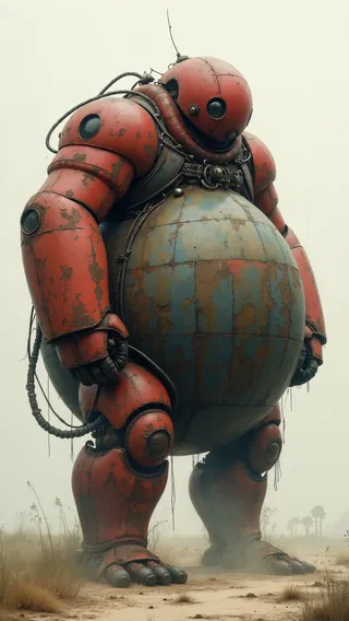 A large, rusty robot with a half-sphere torso shaped like a fat man, standing in a dusty environment with a powerful dynamic pose.