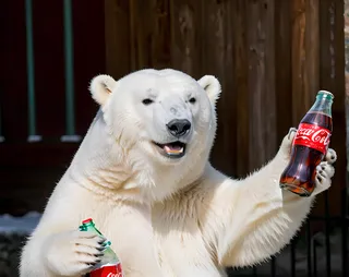 Smiling polar bear holding two bottles of Coca-Cola against a wooden background with snow and ice elements.
