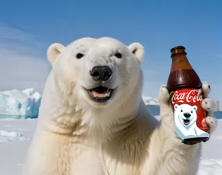 Smiling white polar bear holding a Coca-Cola bottle with a cartoon polar bear on the label, standing on snowy Arctic ice with clear blue sky