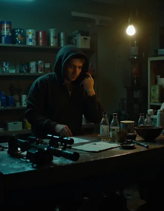A tired market vendor wearing a dark hoodie sits behind a cluttered counter in a dimly lit, dystopian setting with a hanging light bulb illuminating tools and supplies.