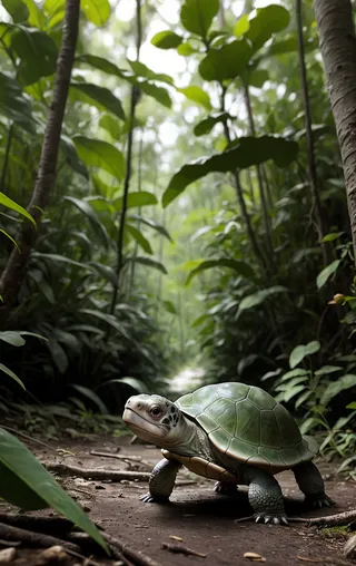 A baby turtle walking on a dirt path surrounded by lush green forest foliage in Batam, Indonesia