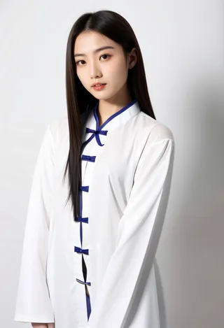 Portrait of a youthful Chinese idol with long black hair wearing white traditional clothing with blue trim, set against a white background.