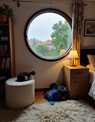 Cozy bedroom interior with a large circular window showing a rainy garden outside, a black and white cat resting on a white fuzzy stool, a wooden night stand with a lit table lamp, fuzzy rug, and a pile of clothes on the floor.