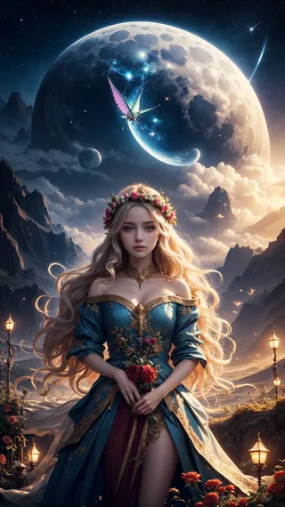A beautiful goddess with long wavy blonde hair wearing a flower crown and an ornate blue dress stands in an enchanted forest at night under a glowing moon with floating islands, mystical creatures, and glowing magic.
