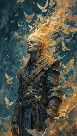 A detailed ancient figure with eyes closed, dissolving into shimmering flocks of birds bathed in twilight colors, rendered in symbolic realism style.