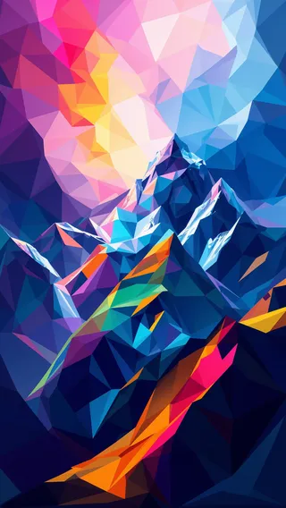 Vivid polygonal art of a stunning abstract mountain landscape with prismatic, colorful facets in blues, pinks, oranges, and purples.