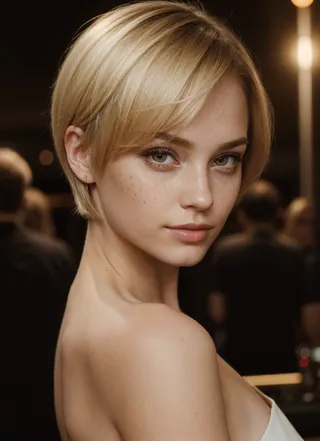 Photorealistic portrait of a young woman with short blonde hair, freckles, and realistic skin, illuminated by soft cinematic lighting in a nightclub indoor setting.
