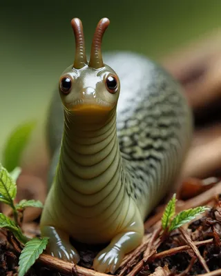 Close-up of a noble slug with large eyes and antennae, resting on forest floor debris with green leaves around.