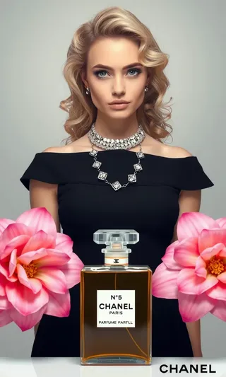 Blonde woman with curly hair wearing a black off-shoulder dress and statement necklace, posing with a large Chanel No. 5 perfume bottle and pink flowers.