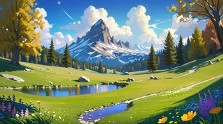 Digital painting of a bright mountain scenery at noon, featuring a green meadow with wildflowers, a small lake, tall pine trees, and jagged snow-capped mountains under a blue sky with clouds.