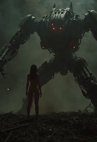 A silhouette of a naked human figure stands facing a giant mech with glowing red eyes, surrounded by dark, eerie machinery amidst a chaotic, dimly lit environment.