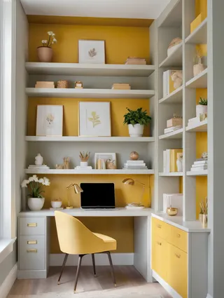 Yellow home office corner featuring light gray shelves and desk with yellow accent wall, a yellow chair, potted plants, framed botanical prints, and gold desk lamps.