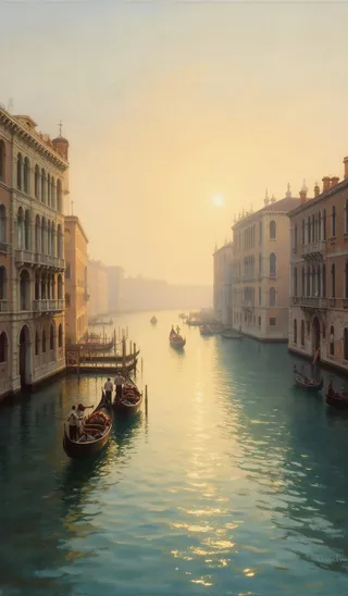 Oil painting of Venice’s Grand Canal at dawn with soft golden light, gondolas drifting gently, and iconic buildings blending into a misty sky in J.M.W. Turner’s ethereal style.