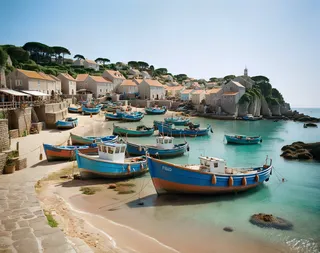 Charming seaside village with numerous blue fishing boats anchored in calm turquoise water, surrounded by stone houses with terracotta roofs and lush greenery, captured in film photography style.