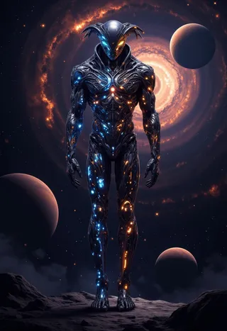 A tall alien humanoid figure with bioluminescent blue and orange glowing markings standing on a rocky surface against a cosmic background featuring swirling galaxies and planets.