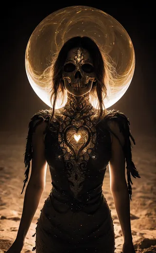 A woman wearing ornate skeletal armor and an epoxy skull mask stands against a luminous lunar eclipse backdrop, illuminated with golden light highlighting intricate designs and a glowing heart-shaped pattern on her chest.