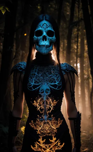 Woman wearing an epoxy skull mask and skeletal armor, standing in a dark, mystical forest illuminated by slow-burning light through trees.