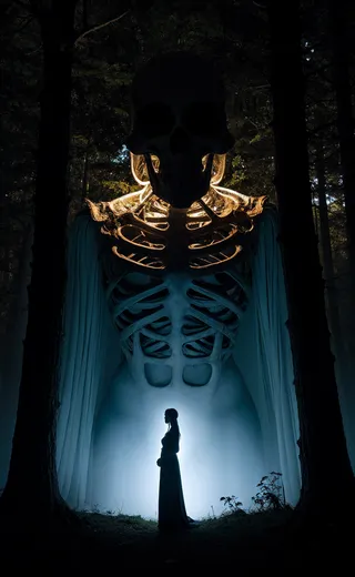 A silhouette of a woman in an ethereal dress stands illuminated by a glowing epoxy skull-shaped skeletal armor in a dark, mystical forest with deep shadows.